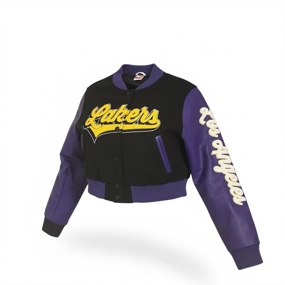 Fashion Nova Jacket Size L Purple Lakers Cropped Varsity Bomber Faux Leather NBA